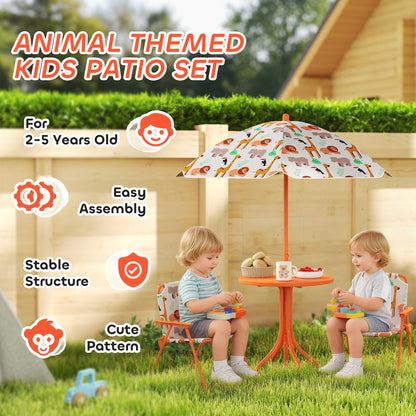 AIYAPLAY Kids Patio Set, Children Table and Chair Set, Outdoor Picnic Table with 2 Folding Chairs and Umbrella, Orange