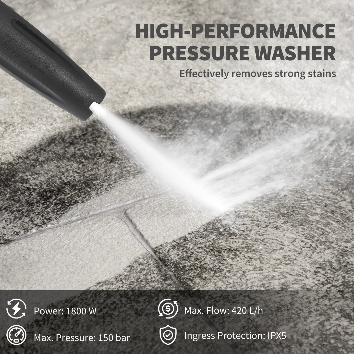 Outsunny 1800W High√Ç Pressure√Ç Washer, 150 Bar Pressure, 420 L/h Flow, Portable Power Washer Jet Wash Cleaner with Adjustable Nozzle, 6M Hose, Hose Reel, Steel Handle for Home Patio Car Driveway, Blue