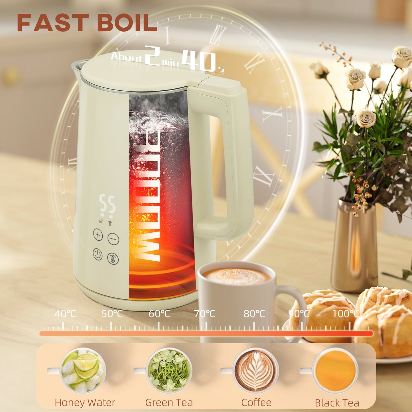 HOMCOM Digital Stainless Steel Kettle and Toaster Set, 1.5L 3000W Fast Boil Kettle, 2 Slice Toaster with 7 Level Browning Controls, Defrost, Reheat, Keep Warm, Crumb Tray and LED Touch Display, Beige