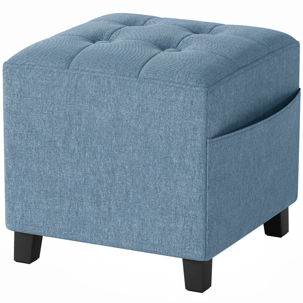 HOMCOM Small Ottoman, Square Footstool with Side Pocket, Rubber Wood Legs and Padded Seat for Living Room, Dark Blue
