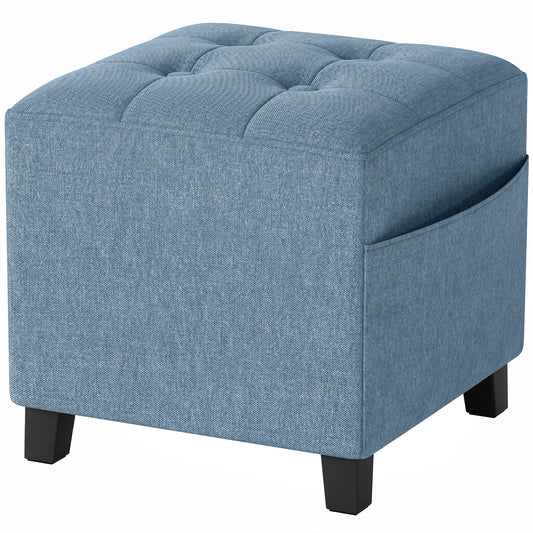 HOMCOM Small Ottoman, Square Footstool with Side Pocket, Rubber Wood Legs and Padded Seat for Living Room, Dark Blue