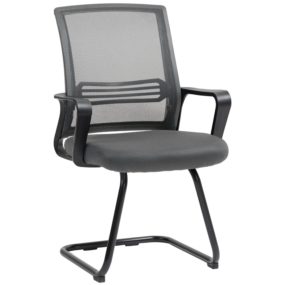 HOMCOM Padded Meeting Office Chair, Ergonomic Desk Chair No Wheels with Sled Base for Bedroom, Waiting, Reception, Dark Grey