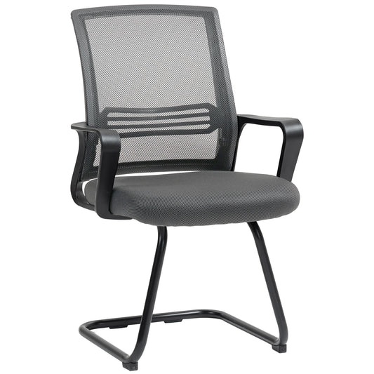 HOMCOM Padded Meeting Office Chair, Ergonomic Desk Chair No Wheels with Sled Base for Bedroom, Waiting, Reception, Dark Grey