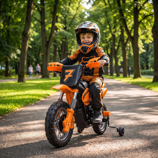 AIYAPLAY 12V Kids Electric Motorbike, Ride on Motorcycle with Dual Motors, Training Wheels, Rear Suspension for 3-6 Years, Orange