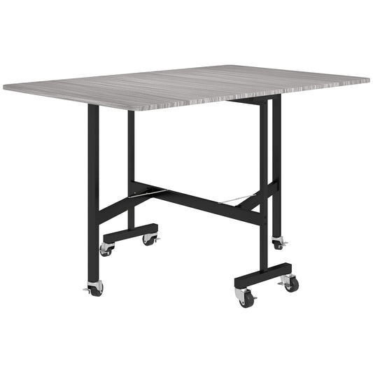 HOMCOM Six-Seater Drop-Leaf Dining Table, with Wheels - Grey Wood-Effect