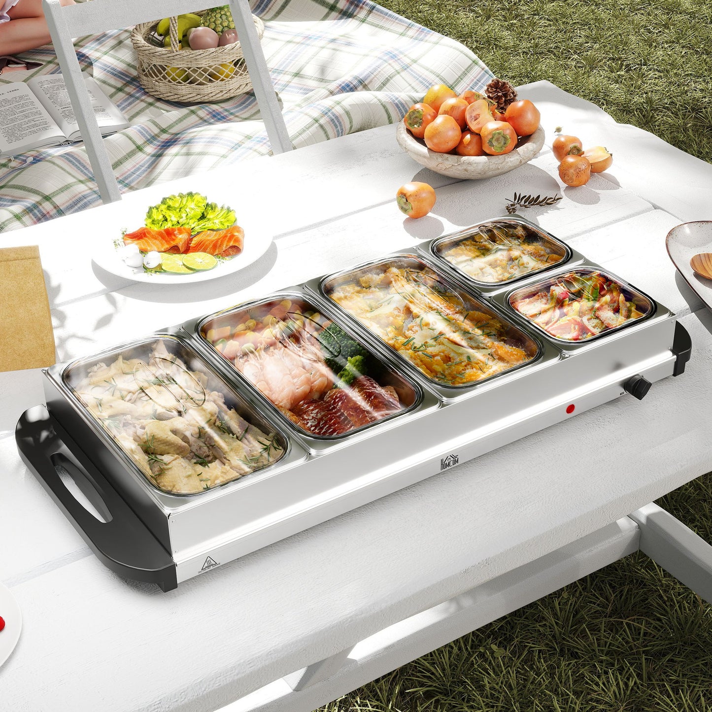 HOMCOM 5 Tray Electric Food Warmer Buffet Server with Warming Plate, Cool Touch Handles, Adjustable Temperature, 300W, 3 x 2.4L and 2 x 1L Pans