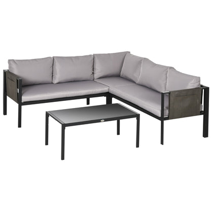 Outsunny 5 Seater Garden Corner Sofa Set, 4 Pieces Metal Garden Furniture Set with Loveseats, Glass Top Coffee Table, Breathable Mesh Pocket, Outdoor Conversation Furniture with Cushions, Light Grey