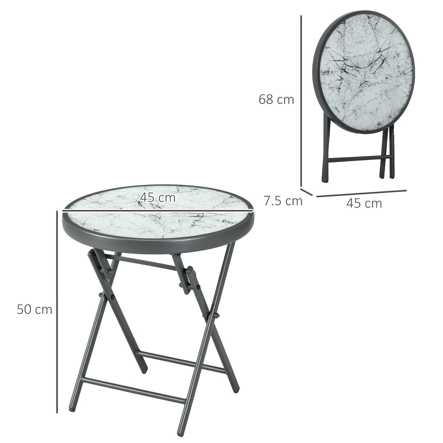 Outsunny â45cm Garden Side Table, Outdoor Round Folding Patio Table with Imitation Marble Glass Top, Small Coffee Table, White