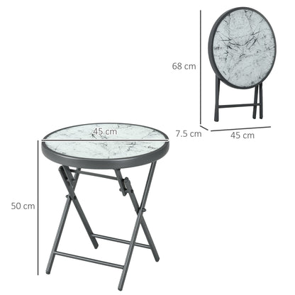 Outsunny â45cm Garden Side Table, Outdoor Round Folding Patio Table with Imitation Marble Glass Top, Small Coffee Table, White