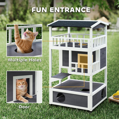 PawHut Wooden Outdoor Cat House, 3-Tier Cat Shelter with Tilted Roof, Terrace, Jump Step, Bottom Tray and Elevated Base, Waterproof Paint, Grey