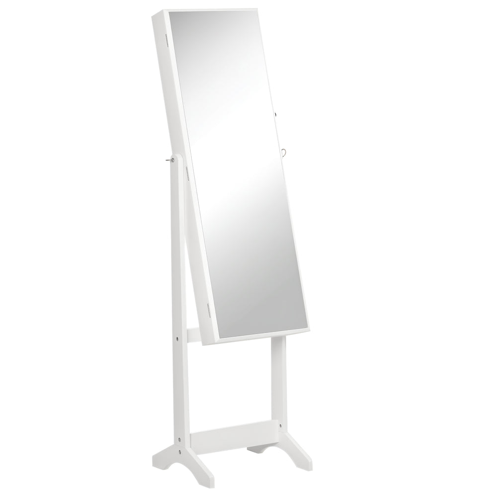 HOMCOM Full Length Mirror with Storage, Jewellery Cabinet with Mirror, Adjustable Angle and Stand, Lockable Jewellery Organiser for Bedroom Dressing Room, White