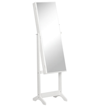 HOMCOM Full Length Mirror with Storage, Jewellery Cabinet with Mirror, Adjustable Angle and Stand, Lockable Jewellery Organiser for Bedroom Dressing Room, White