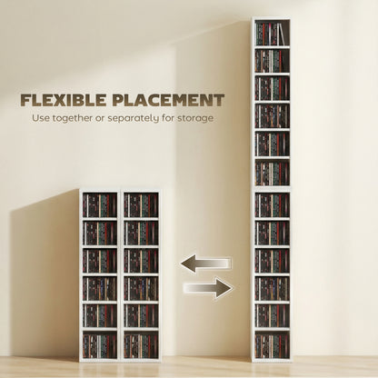 HOMCOM Set of 2 CD Media Display Shelf Unit Tower Rack with Adjustable Shelves, High Gloss White