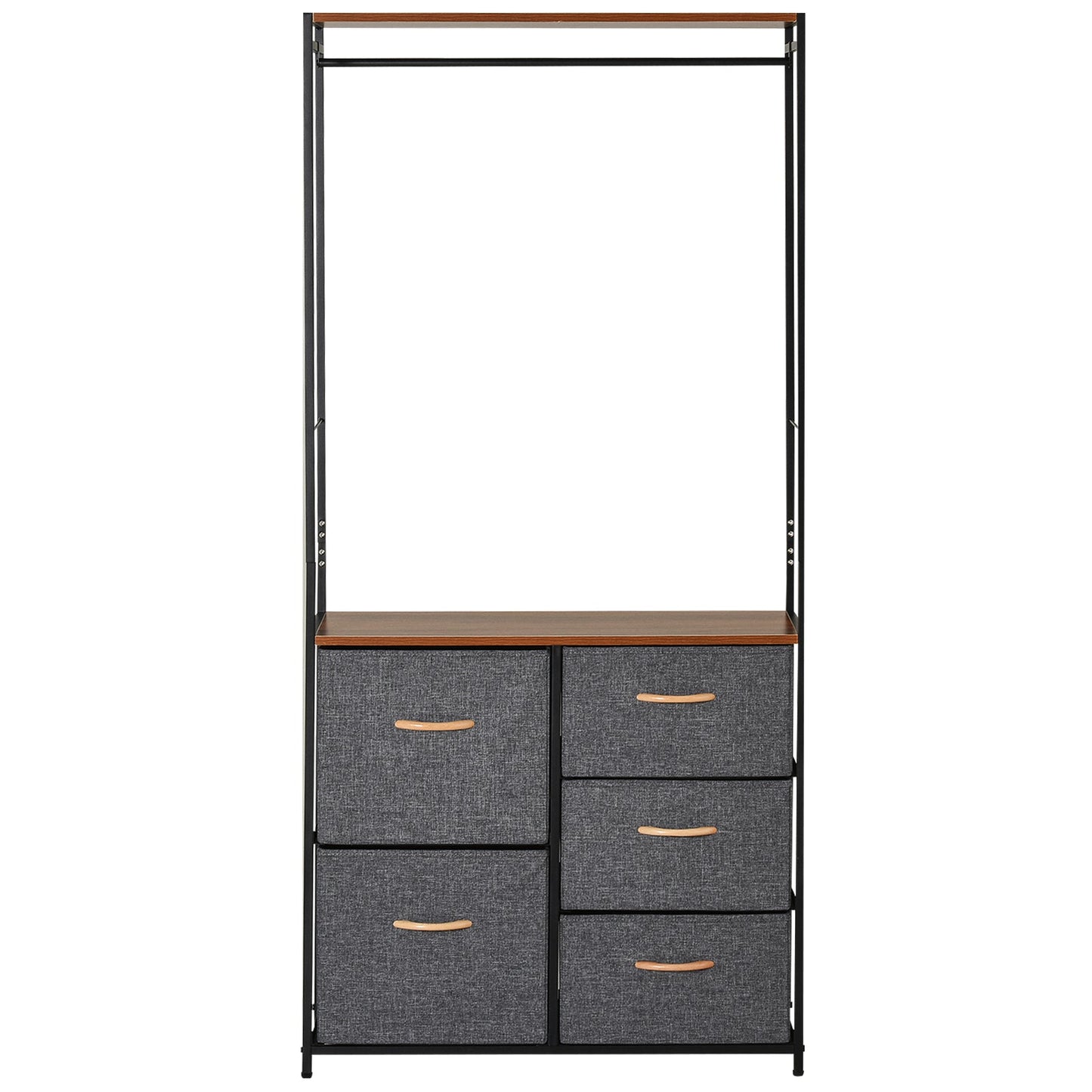 HOMCOM Chest of Drawers with Coat rack Steel Frame 5 Drawers Bedroom Hallway Home Furniture Black Brown