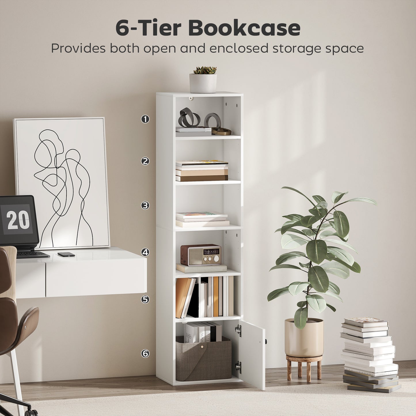 HOMCOM 6-Tier 156 cm Tall Bookcase - White