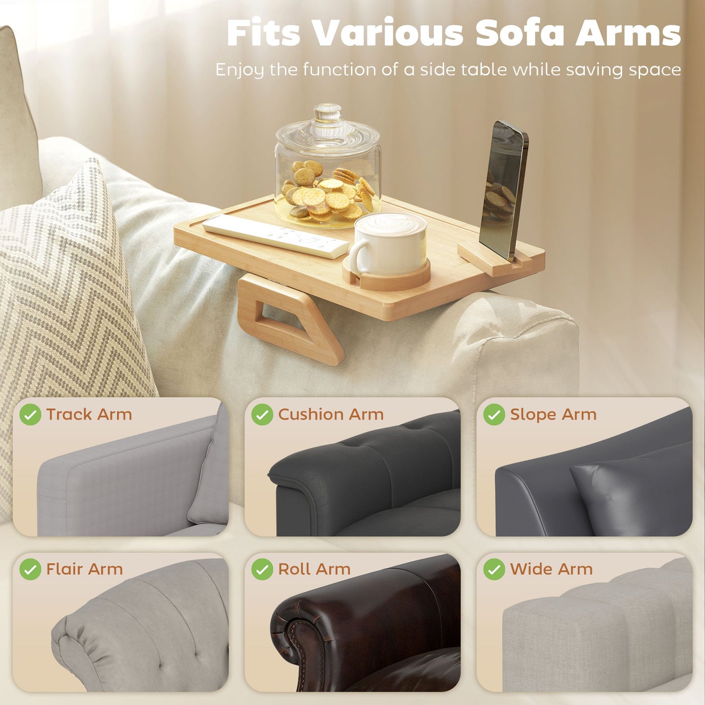 HOMCOM Anti-Slip Sofa Armrest Tray, Bamboo Sofa Arm Tray with 360Â° Phone Holder and Removable Cup Holder, Natural