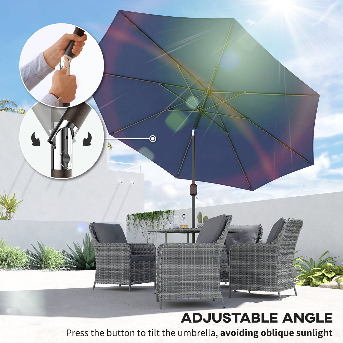 Outsunny 3 m Garden Parasol Umbrellas, Outdoor Sun Shade with 8 Ribs, Tilt and Crank Handle, Navy Blue