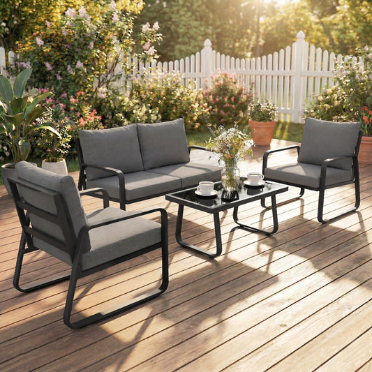 Outsunny 4 Piece Garden Furniture Set, Outdoor Sofa Set with Loveseat, 2 Armchairs, Coffee Table and Cushions