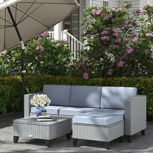 Outsunny 5-Piece Rattan Patio Furniture Set with Corner Sofa, Footstools, Coffee Table, for Poolside, Grey
