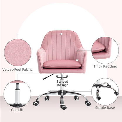 HOMCOM Velvet-Feel Tub Office Chair, with Seat Cushion - Dark Pink