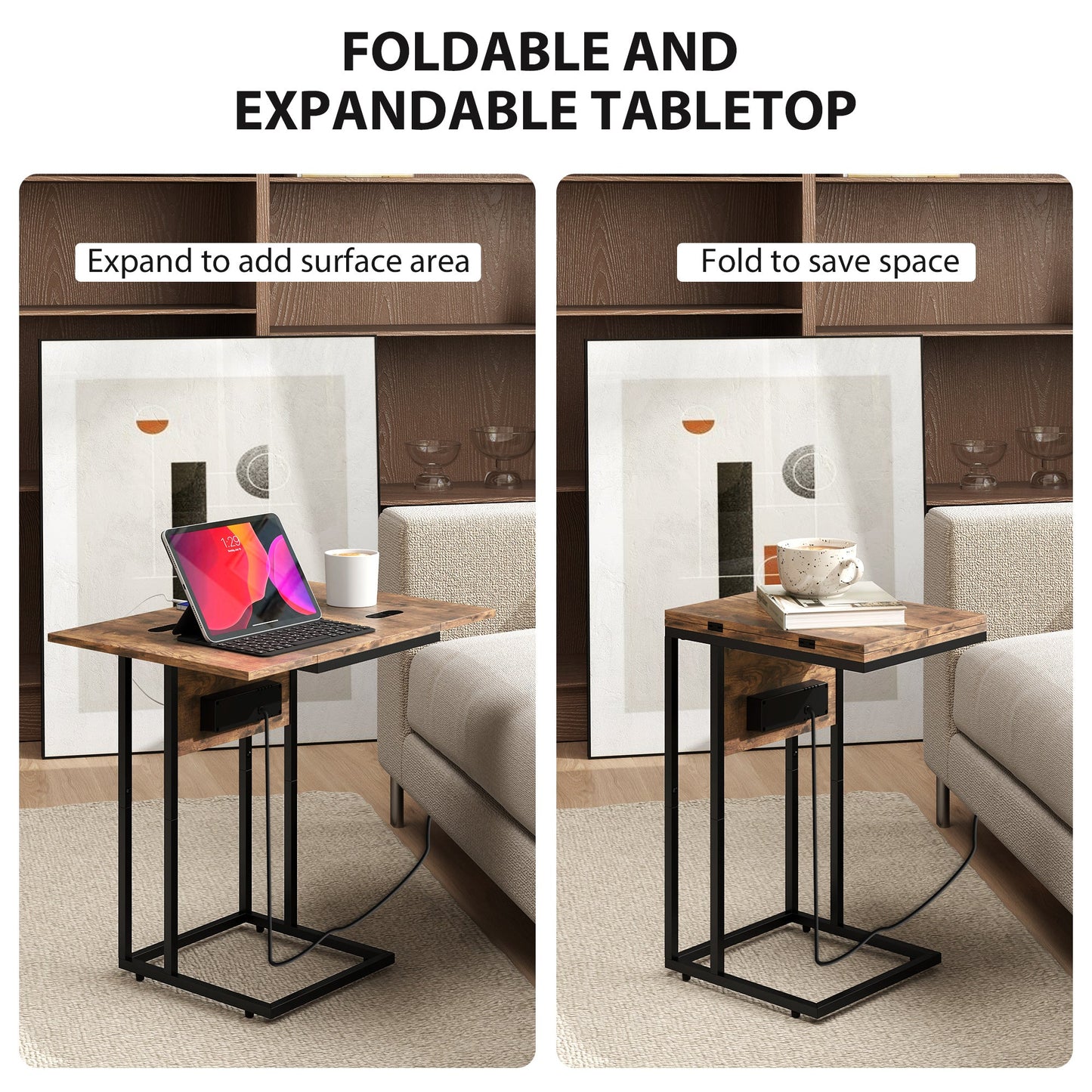 HOMCOM C Shaped Side Table with Charging Station and Foldable Top - Rustic Brown