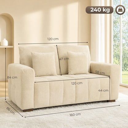 HOMCOM 2 Seater Sofa, Upholstered Velvet Small Couch for Bedroom with Pillows, Modern Sofa Settee with Padded Cushion and Wood Legs for Living Room, Cream White