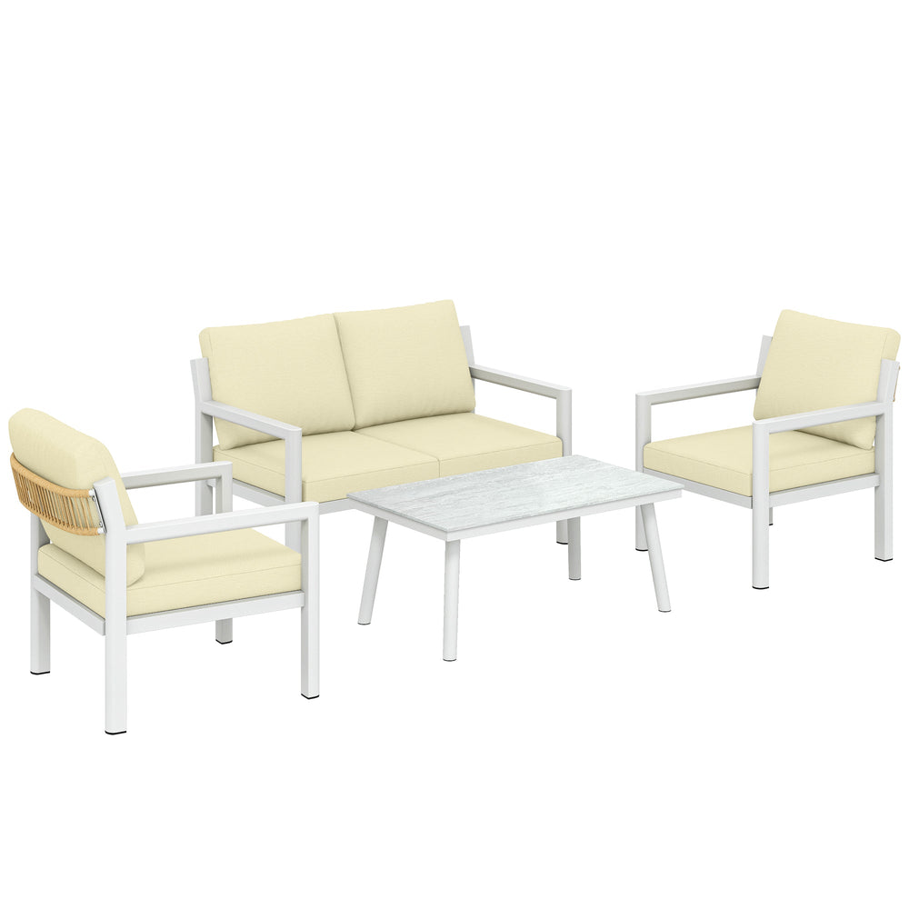 Outsunny 4 Seater Rattan Garden Furniture Set with 2 Armchairs, Loveseat, Coffee Table, Garden Sofa Set with Cushions, Brown