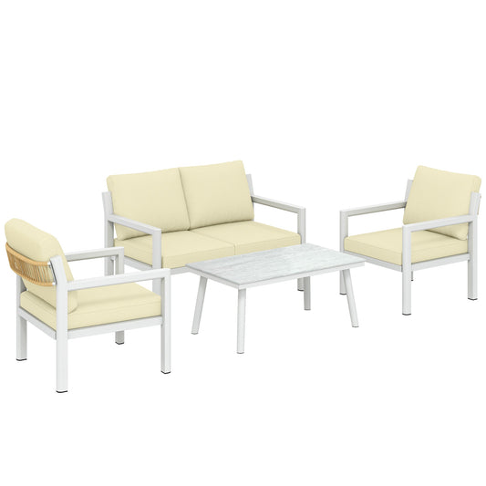 Outsunny 4 Seater Rattan Garden Furniture Set with 2 Armchairs, Loveseat, Coffee Table, Garden Sofa Set with Cushions, Brown