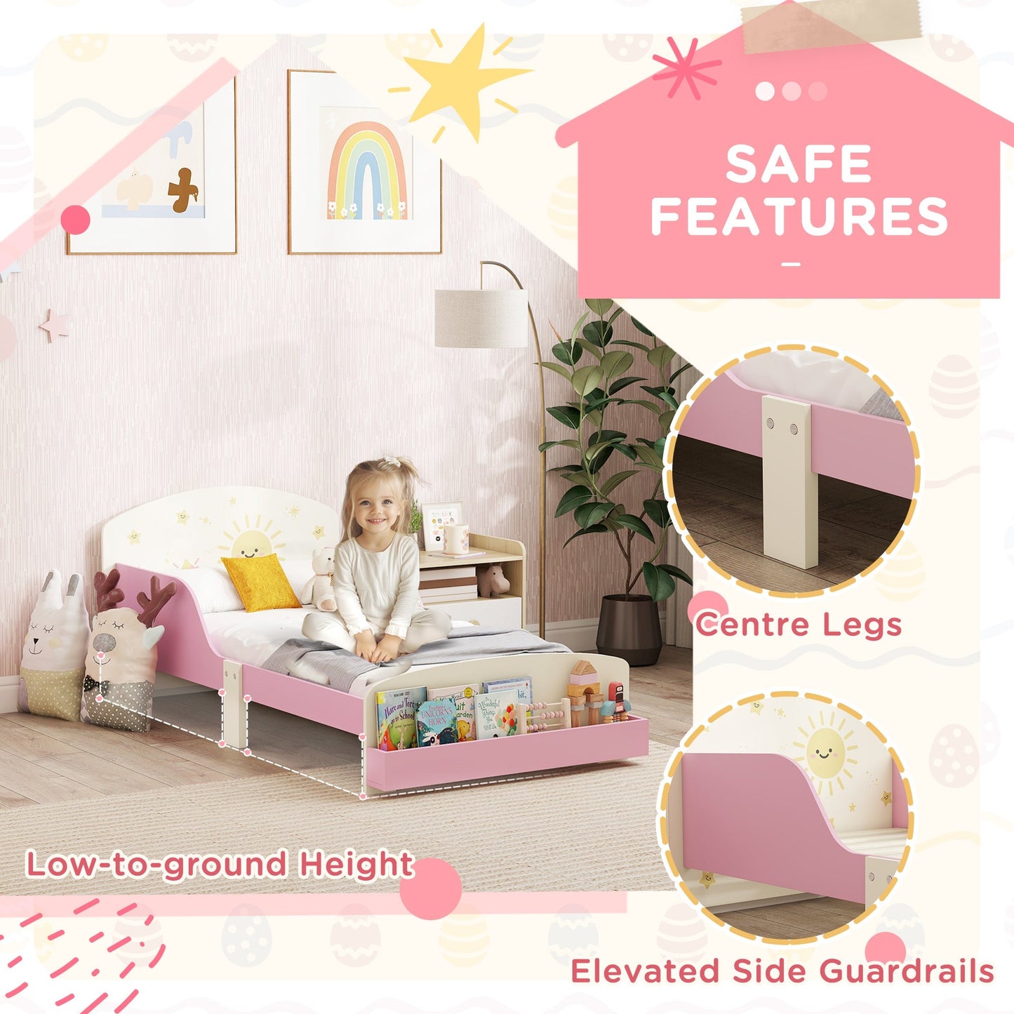 AIYAPLAY Toddler Bed with Storage, Guardrails, Sun Design, for Ages 3-8 Years, Fits 140 x 70cm Mattress,