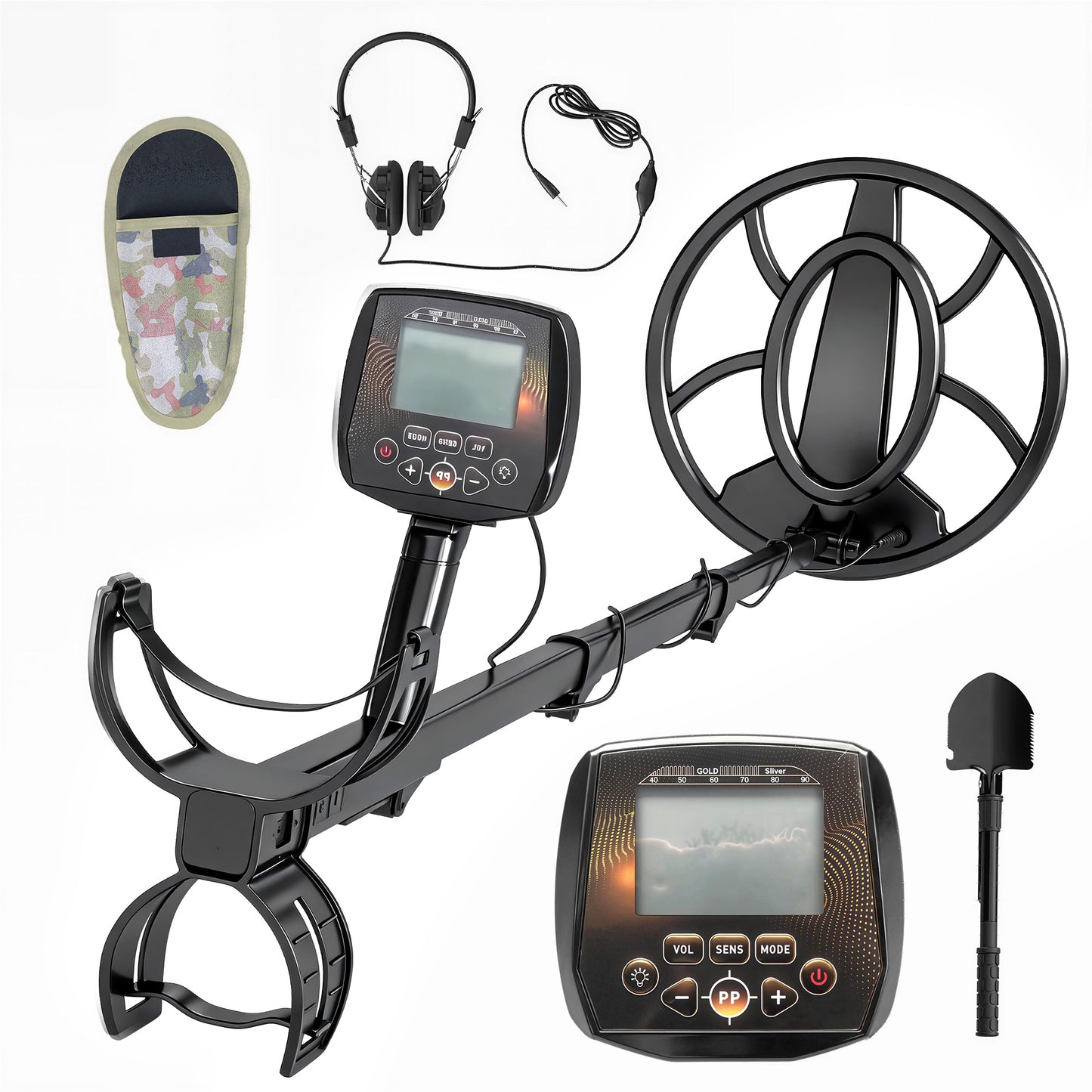Outsunny Metal Detector for Adults, IP68 Waterproof Search Coil with LCD Display, 5 Modes Gold Detector with Carry Bag, Shovel