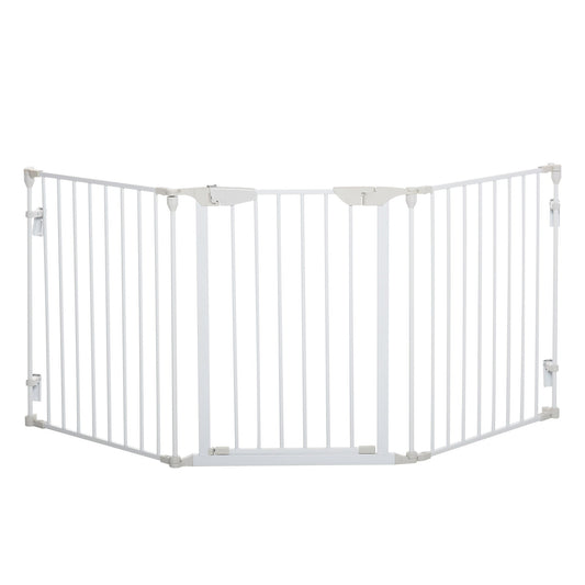 PawHut Pet Safety Gate, 3 Panels Playpen Fireplace, Foldable Metal Fence, Stair Barrier, Room Divider, Fire Guard w/ Automatic Closing Door, White
