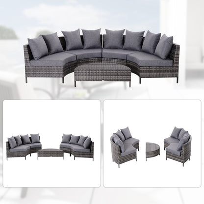 طقم أريكة وطاولة خارجية نصف دائرية من Outsunny Rattan Garden Furniture مكون من 4 مقاعد وطاولة فناء منسوجة من الخيزران مع مقعد مبطن ووسادة - رمادي