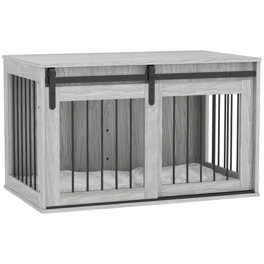 PawHut 98cm Dog Crate Furniture with Removable Cushion for Large Dogs - Grey