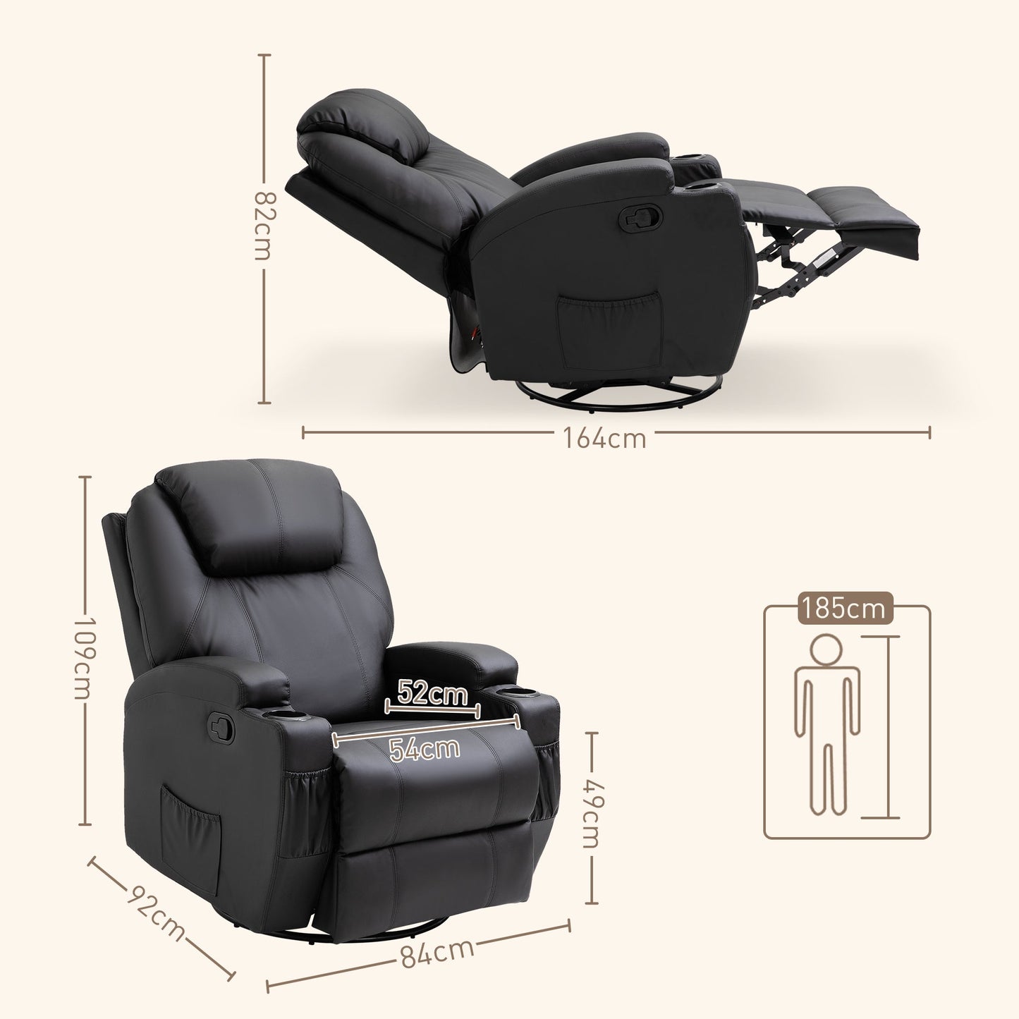 HOMCOM Recliner Chair, Recliner Massage Rocker Chair with 360 Rotate, 165 Reclining Function, Adjustable Footrest, Swivel Armchair Single Sofa for Living Room with Drink Holders, Side Pockets, Black