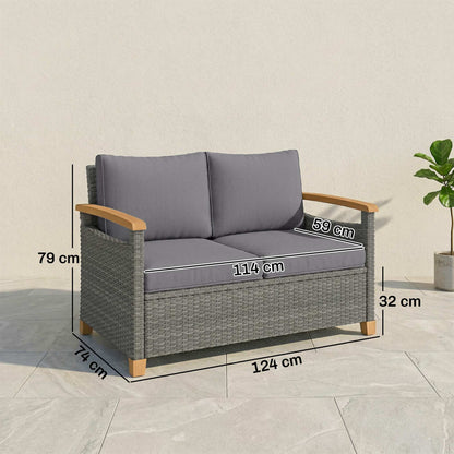Outsunny 2 Seater Rattan Garden Sofa, Outdoor Sofa with Thickened Cushions and Acacia Wood Armrests, Dark Grey