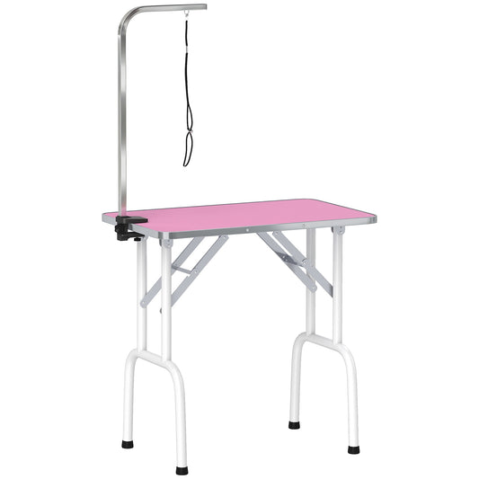 PawHut 32" Foldable Dog Grooming Table Pet Drying Beauty Table Adjustable Fixed Arm Rubber Top, Pink