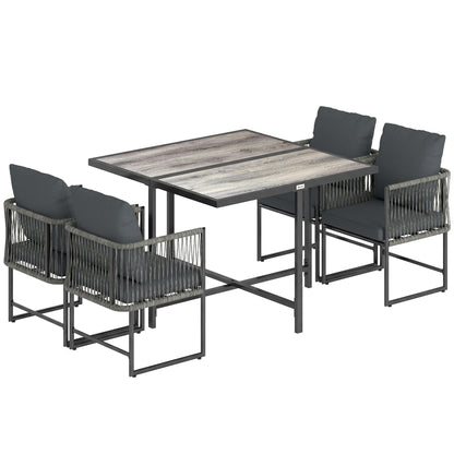 Outsunny 4-Seater Garden Dining Set, Rattan Outdoor Furniture with Space-Saving Chairs and Thick Cushions for Patio Balcony Black