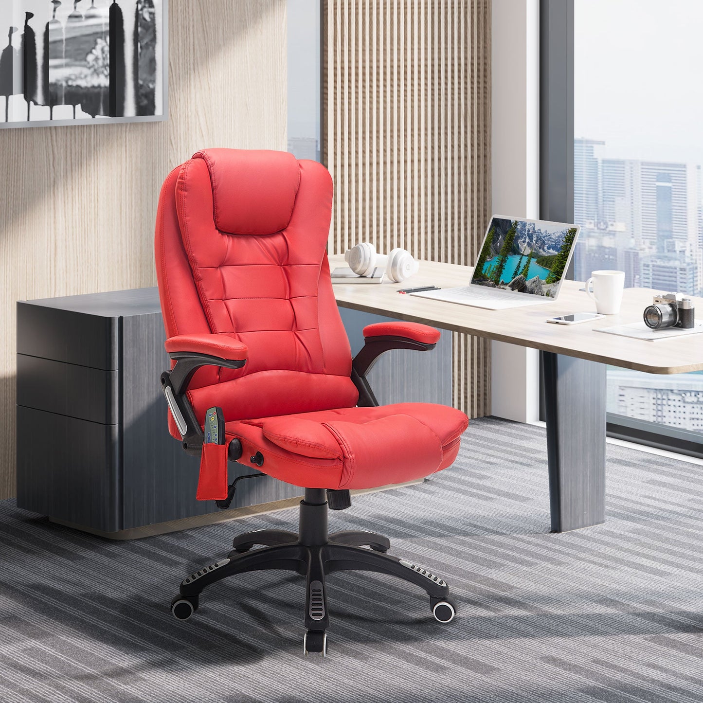 HOMCOM Executive Office Chair with Massage and Heat, High Back PU Leather Massage Office Chair with Adjustable Height, Red