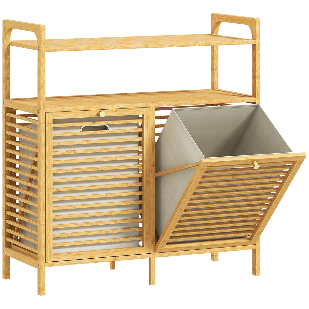 HOMCOM Double Tilt Out Bamboo Laundry Cabinet, Freestanding Bathroom Cabinet with 2 Removable Baskets, Natural