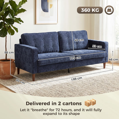 HOMCOM 3 Seater Sofa Button Tufted Upholstered Couch with Wood Legs for Living Room, Dark Blue