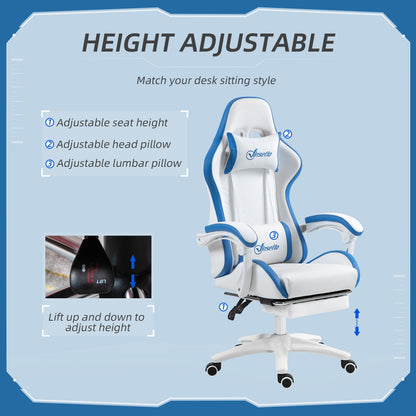Vinsetto Computer Gaming Chair, PU Leather Office Desk Chair with Footrest, Swivel Wheels, 135  Reclining Back, Lumbar Support, Headrest for Home, White and Blue
