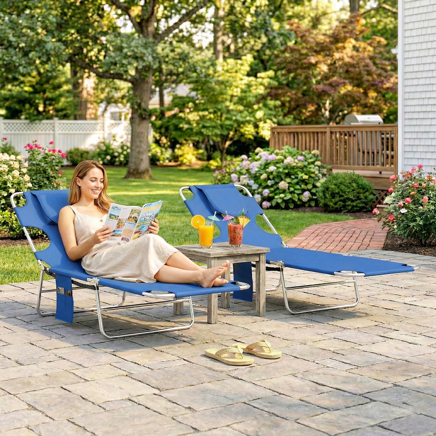 Outsunny 5-Position Adjustable Sun Loungers Set of 2 with Reading Hole and Side Pocket, Blue