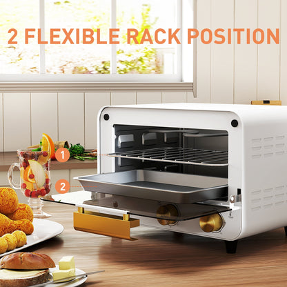 HOMCOM Small Toaster Oven, 12L Multifunction Mini Countertop Oven with Glass Door, Adjustable Temperature and Timer, Accessory Included, 750W, White