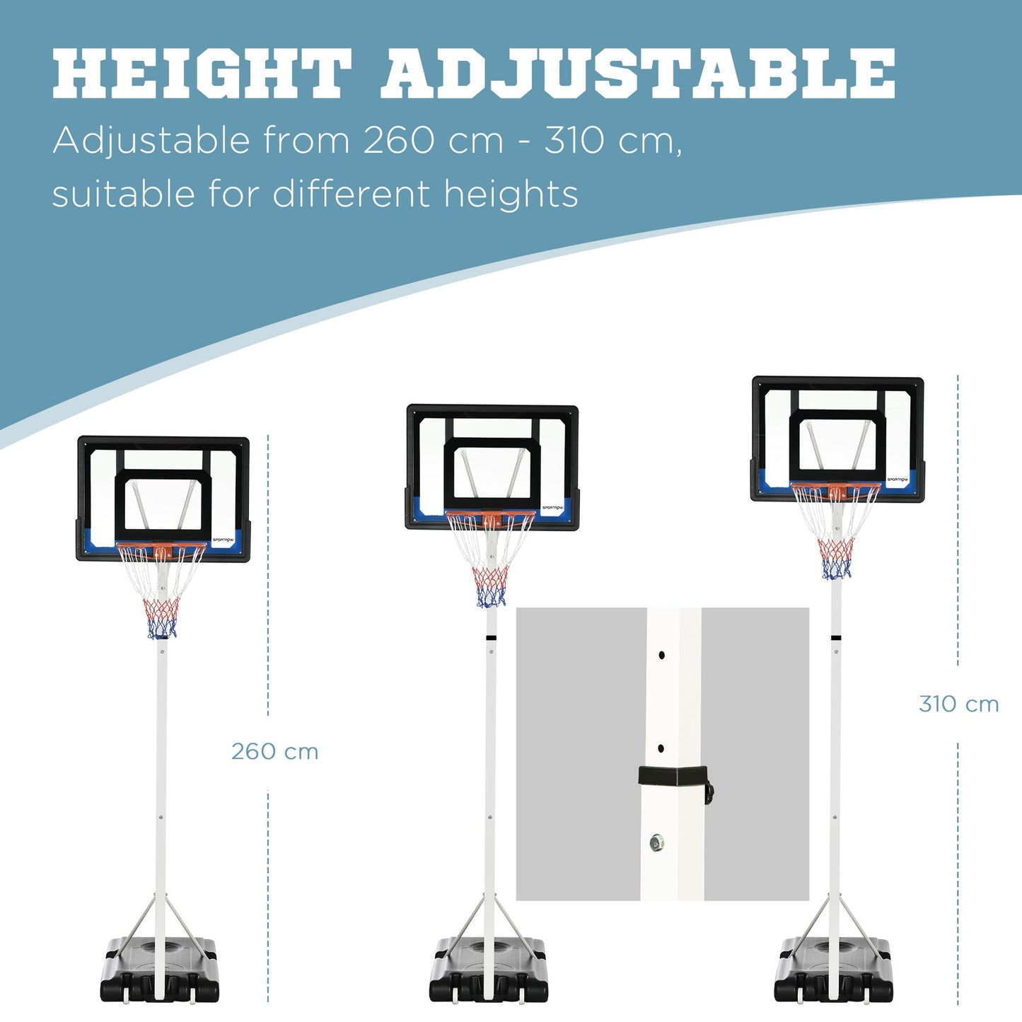 SPORTNOW 2.6-3.1m Adjustable Basketball Hoop and Basketball Stand w/ Backboard and Weighted Base, Portable on Wheels, White