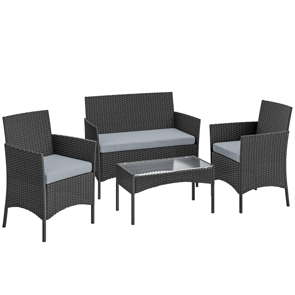Outsunny 4 Piece Rattan Garden Furniture Sofa Set with Loveseat, Armchairs, Glass-Top Coffee Table and Cushions, Black
