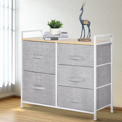 HOMCOM 5 Drawer Linen Basket Storage Unit Home Organisation w/ Shelf Handles Metal Frame Adjustable Feet Hallway Home Dresser Grey