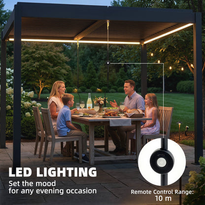 Outsunny 3 x 3 m Louvered Pergola with LED Lights, Metal Louvres, Aluminium Patio Gazebo Pergola, Dark Grey