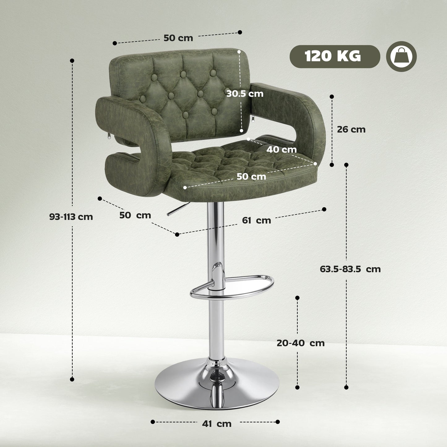 HOMCOM PU Leather Upholstered Swivel Bar Stool, Height Adjustable with Back, Armrest, Footrest, Green