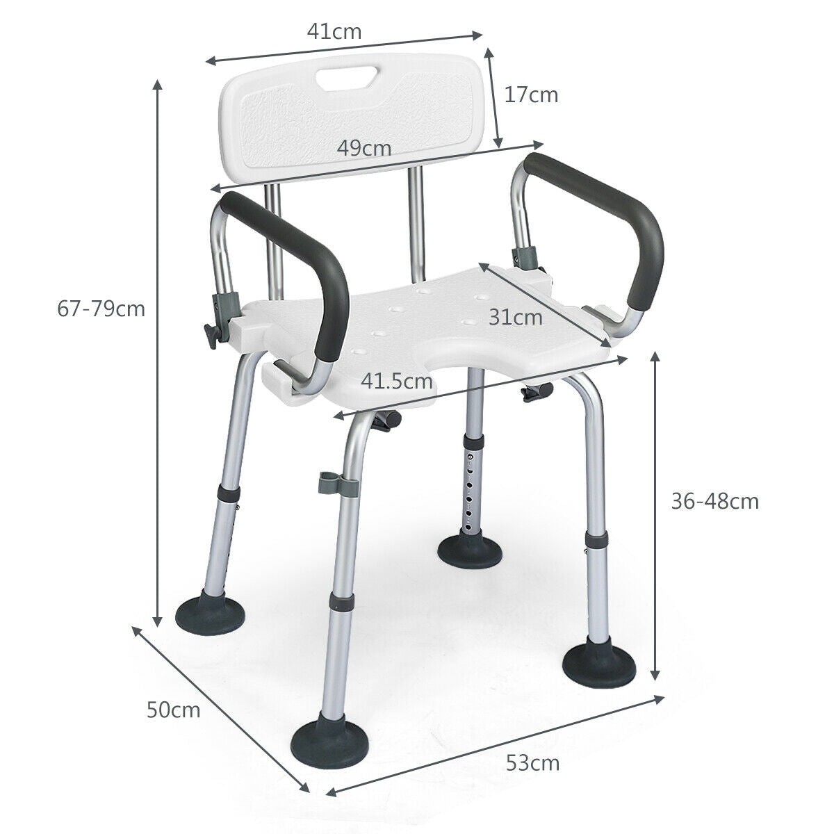 Shower Stool with Removable Arm and Back Rests-White