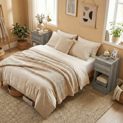 HOMCOM Set of Two Modern Storage Bedside Tables - Grey